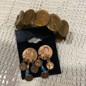 Vintage Penny Earrings With Matching Penny Bracelet, Handcrafted